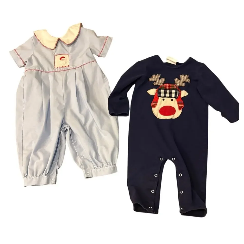 Lot 2 Baby Smock 18M Three Sister/Natalie Grant Christmas Reindeer/Santa Smocked
